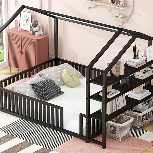 Full Size Metal House Bed with Fence and Detachable Storage Shelves, Black