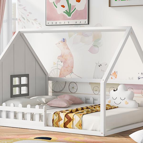 Full Size Wood House Bed with Window and Fence, White