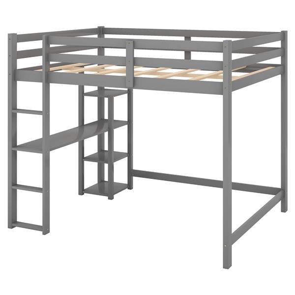 Full Size Loft Bed with Built-in Desk and Shelves,Gray