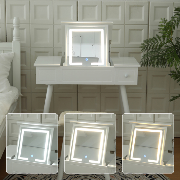  Vanity Table Set with LED Mirror, Flip Top Makeup Dressing Table Writing Desk with Cushioning Makeup Stool Set, 2 Drawers, White