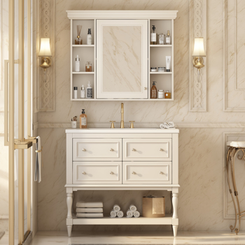 36\\'\\' Bathroom Vanity with Medicine Cabinet, Modern Mirror Cabinet with Adjustable Shelf, Bathroom Storage Cabinet with 4 Drawers, Solid Wood Frame Bathroom Storage Cabinet 