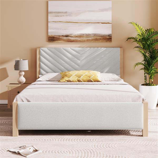 Modern Mid-Century Queen Upholstered Platform Bed Frame with Tufted Headboard and Solid Wood Legs,No Box Spring Needed,Beige