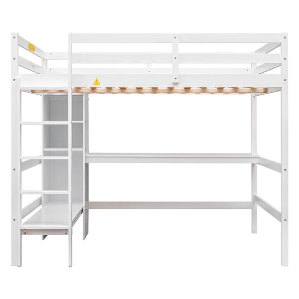 Full Size Loft Bed with Multifunction Shelves and Under-bed Desk, White