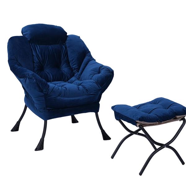 Living Room Chairs Modern Cotton Fabric Lazy Chair, Contemporary Lounge Chair, Single Steel Frame Leisure Sofa Chair with Armrests and A Side Pocket (Blue) ,with ottoman ,with footrest