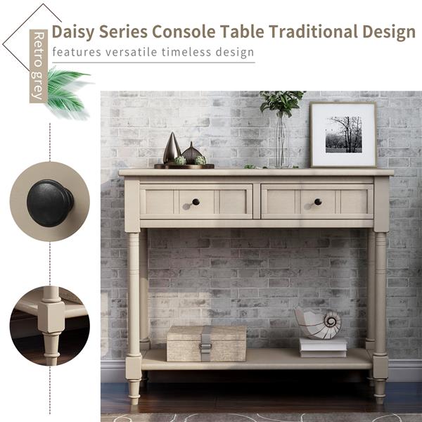 Series Console Table Traditional Design with Two Drawers and Bottom Shelf (Retro Grey)