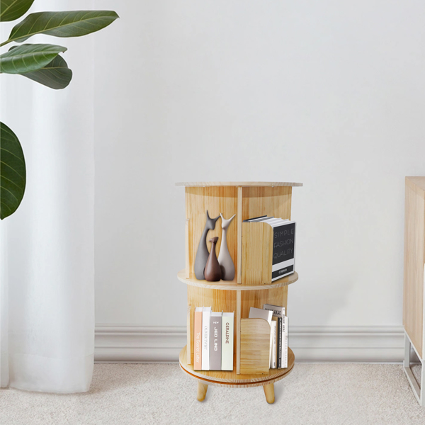 2-Layer Rotating Bookcase 360 Rotating Display Rack Pine Wood Rotating Bookshelf