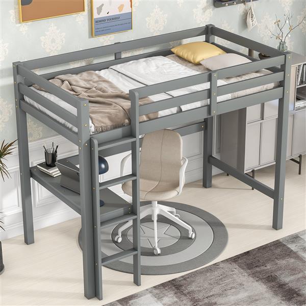 Twin Loft Pine Wood Bed with  built-in desk, Safety Guardrails, Ladder,Grey