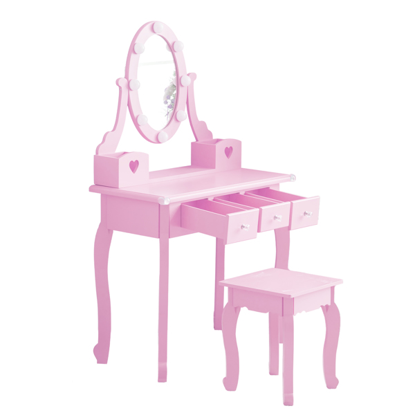 FCH Kids Vanity Set with Mirror and Lights and Stool, 5 Storage Drawers, Pretend Play Princess Makeup Desk Dressing Table and Stool Set for Little Girls Age 3+, Macaroon Purple