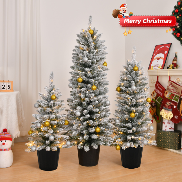 Set of 3 Pre-lit Xmas Trees with Pot Stands, 3/4/5 FT Snow Flocked Artificial Christmas Trees with 50/100/150 Warm Lights Battery Operated and 130/180/250 Branch Tips for Holiday Party Office Home