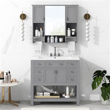 36\\'\\' Bathroom Vanity with Top Sink, Modern Mirror Cabinet with Towels Bar, Bathroom Storage Cabinet with 2 Soft Closing Doors and 6 Drawers, Single Sink Bathroom Vanity