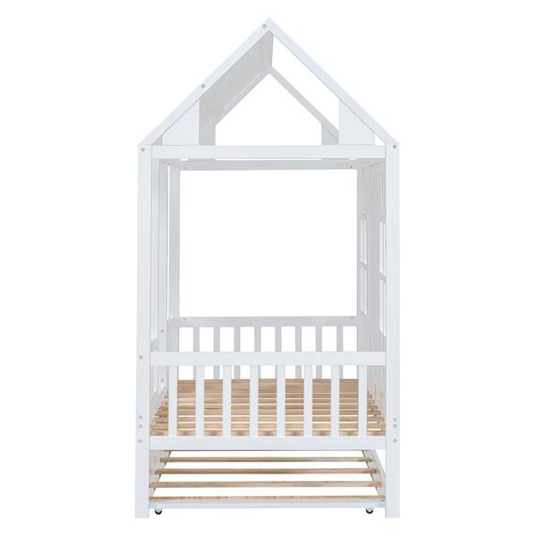 Twin Size Wood House Bed With Twin Size Trundle, Wooden Daybed, White