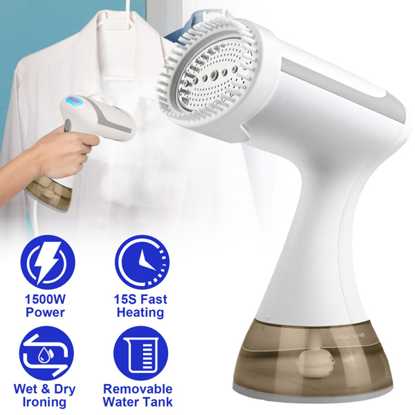 Powerful Handheld Fabric Steamer -150W Garment Steamer Portable Handheld Fabric Steamer with Lint Brush Removable 350ML Water Tank Wet Dry Ironing for Home Travel Office - White