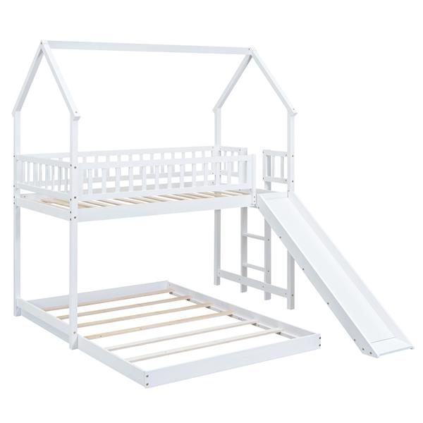 Twin over Full House Bunk Bed with Slide and Built-in Ladder, Full-Length Guardrail, White