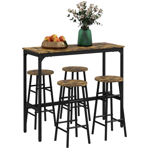 Bar Table Set for 4, Industrial High Top Table with Bar Stools, 5-Piece Small Kitchen Table and Chairs for Pub, Dining Room, Rustic Brown