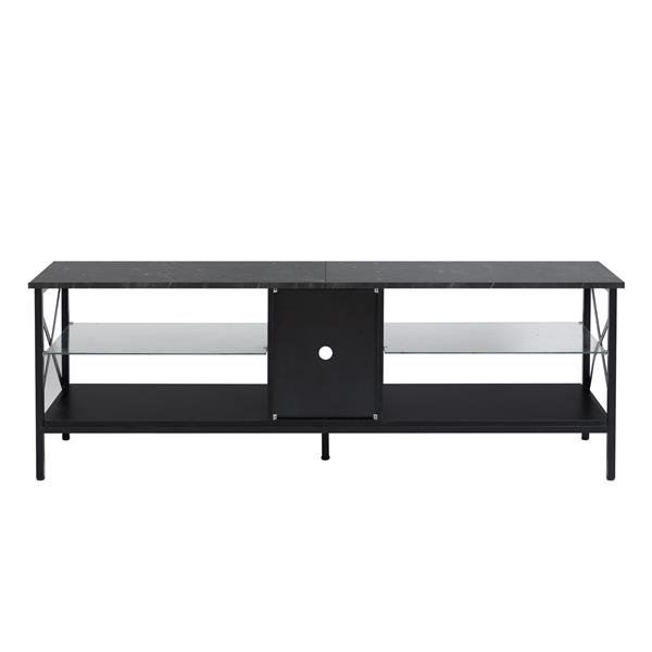 TV stand,Iron TV cabinet,entertainment center, TV set, media console, with LED lights, remote control,toughened glass stand,can be placed in the living room, bedroom, color:black with marble texture