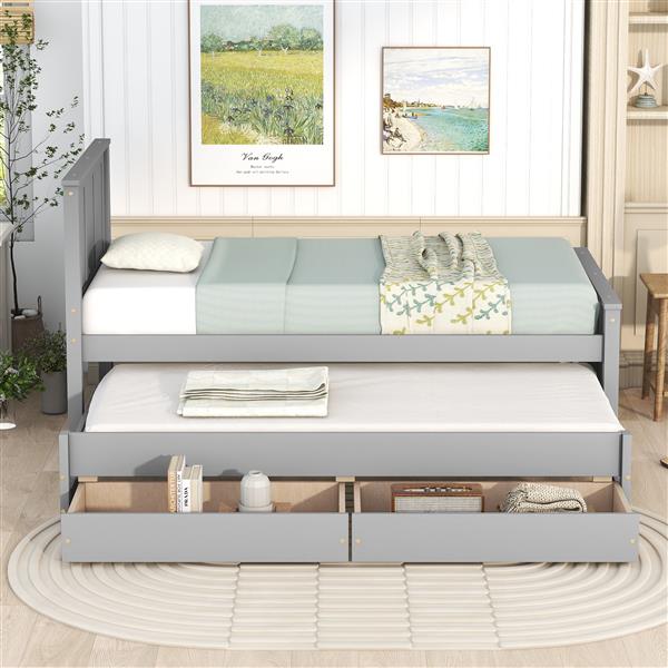 Twin Size Platform Bed with Trundle and Drawers, Gray