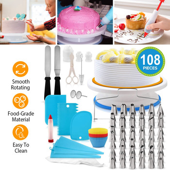 Aluminium Cake Decorating Kits Supplies，108Pcs Cake Decorating Supplies Kit Revolving Cake Table Stand Base Baking Tools for Baking Cupcake Cookie Muffin Kitchen Utensils