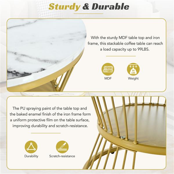 [VIDEO provided] Φ27.5'' & Φ17.7'' Nesting Coffee Table with Marble Grain Table Top, Golden Iron Frame Round Coffee Table, Set of 2, for Living Room, Balcony, White