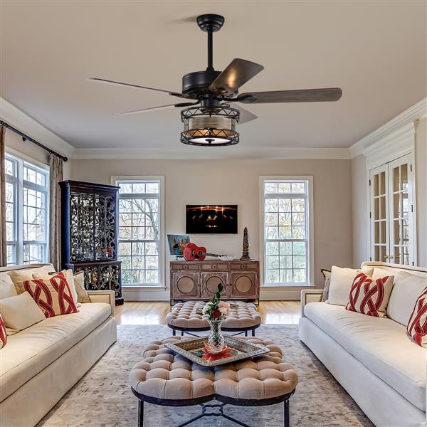 52 Inch Farmhouse 3 Lights Ceiling Fan with 5 Wood Blades, Two-color fan blade, AC Motor, Remote Control, Reversible Airflow, Multi-Speed, Adjustable Height, Traditional Ceiling Fa (No include Bulbs)