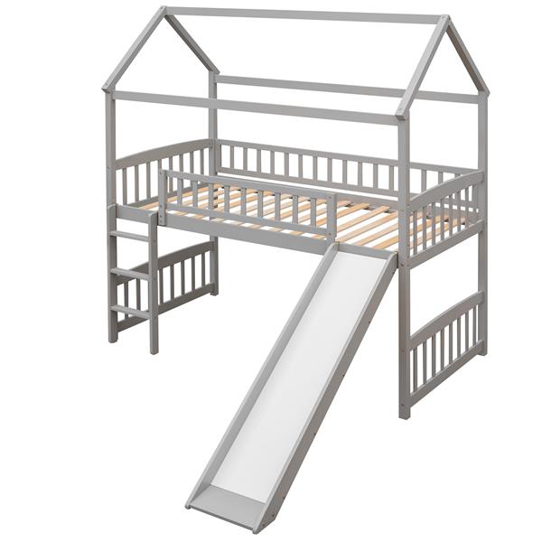 Twin Loft Bed with Slide, House Bed with Slide，Grey