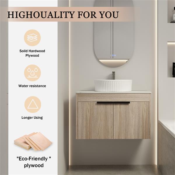 30 " Modern Design Float Bathroom Vanity With Ceramic Basin Set, Wall Mounted White Oak Vanity With Soft Close Door,KD-Packing,KD-Packing,2 Pieces Parcel(TOP-BAA0014012OO)