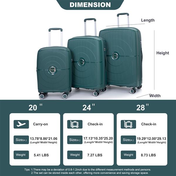 Expandable Hardshell Suitcase Double Spinner Wheels PP Luggage Sets Lightweight Durable Suitcase with TSA Lock,3-Piece Set (20/24/28) , Green