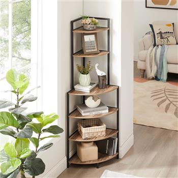 6-Tier Corner Open Shelf Modern Bookcase Wood Rack  Shelving Unit,Plant Album Trinket Sturdy Stand Small Bookshelf Space-Saving for Living Room Home Office Kitchen Small Space Rustic Brown