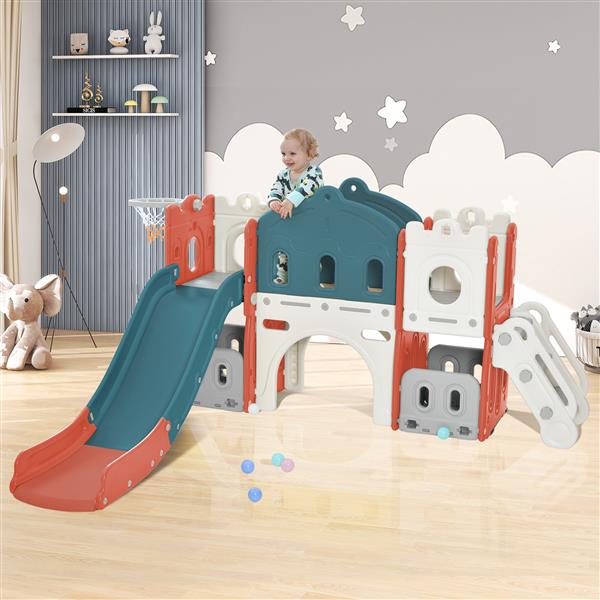 Kids Slide Playset Structure, Freestanding Castle Climber with Slide and Basketball Hoop, Toy Storage Organizer for Toddlers, Kids Climbers Playhouse for Indoor Outdoor Playground Activity