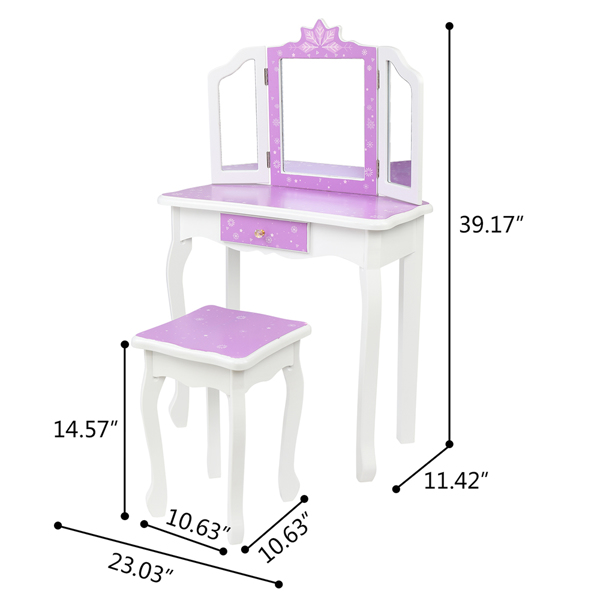 Children's Wooden Dressing Table Three-Sided Folding Mirror Dressing Table  Chair Single Drawer Purple   Snowflake Style