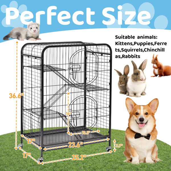 37" Metal Ferret Chinchilla Cage, Small Animals Hutch with Ramps and Feeders and Wheels, Rabbit Guinea Pig Rat Squirrel Kitten Playpen House, Black