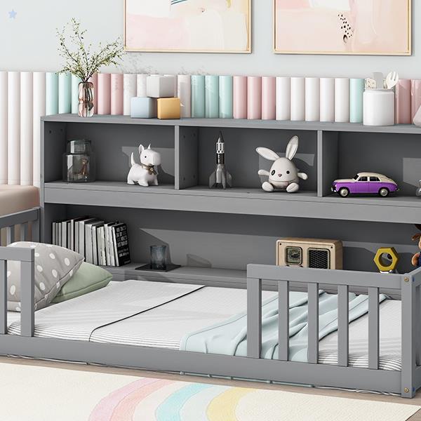 Twin Floor Bed with  Bedside Bookcase,Shelves,Guardrails,Grey