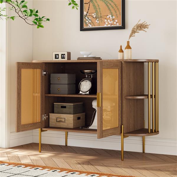 2-Door Elegant Curved Dining Cabinet with Gold Trim and Woven Rattan Doors for Dining Room (Natural)