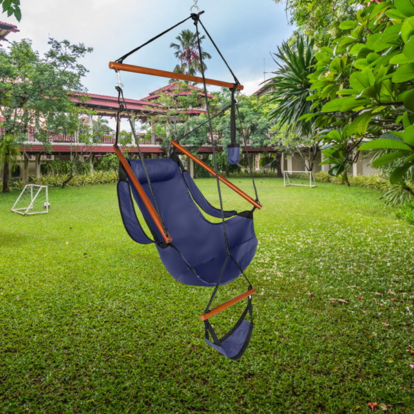 Oxford Cloth Hardwood With Cup Holder Wooden Stick Perforated 100kg Seaside Courtyard Oxford Cloth Hanging Chair   Blue