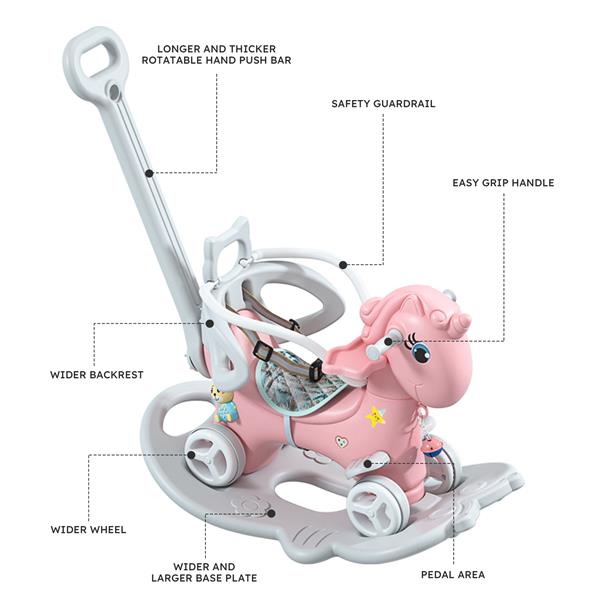 Rocking Horse for Toddlers, Balance Bike Ride On Toys with Push Handle, Backrest and Balance Board for Baby Girl and Boy, Unicorn Kids  Pink Color