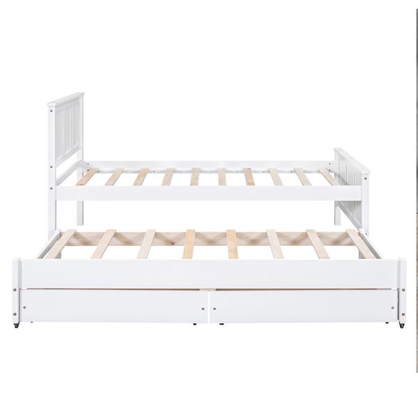 Twin Size Platform Bed with Trundle and Drawers, White