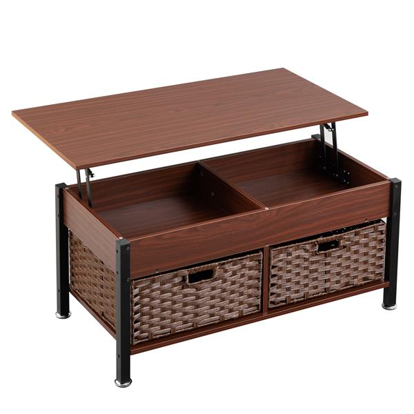 Metal coffee table,desk,with a lifting table,and hidden storage space.There were two removable wicker baskets that could be placed in any space such as the living room,color:brownwith solid wood grain