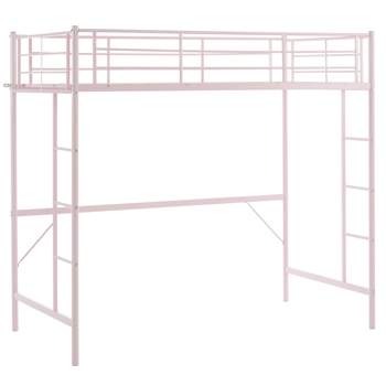 Twin Size Metal Loft Bed with Safety Guardrails & 2 Built-in Ladders, Loft Bunk Bed Frame for Teens Juniors Adults, Space Saving, Noise Free, No Box Spring Needed, Pink