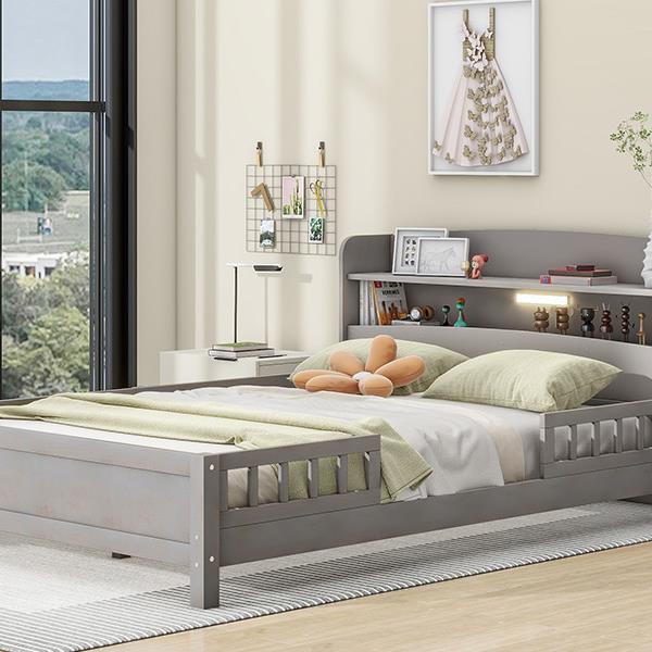 Wood Full Size Platform Bed with Built-in LED Light, Storage Headboard and Guardrail, Antique Grey