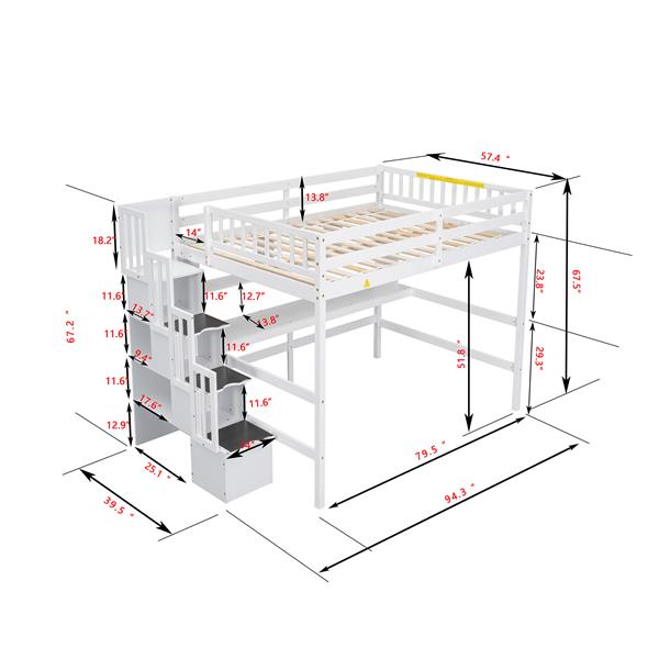 Full Size Loft Bed with Built-in Desk, Bookshelves and Storage Staircase,White