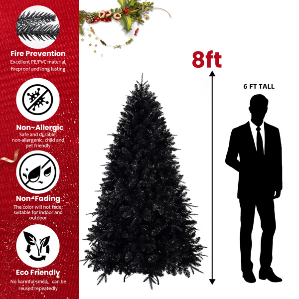 8ft Pre-Lit Black Christmas Tree, Full Halloween Xmas Artificial Tree 2486 Branch Tips, 600 Lights, Metal Hinges, Foldable Base, Holiday Decoration - Black 