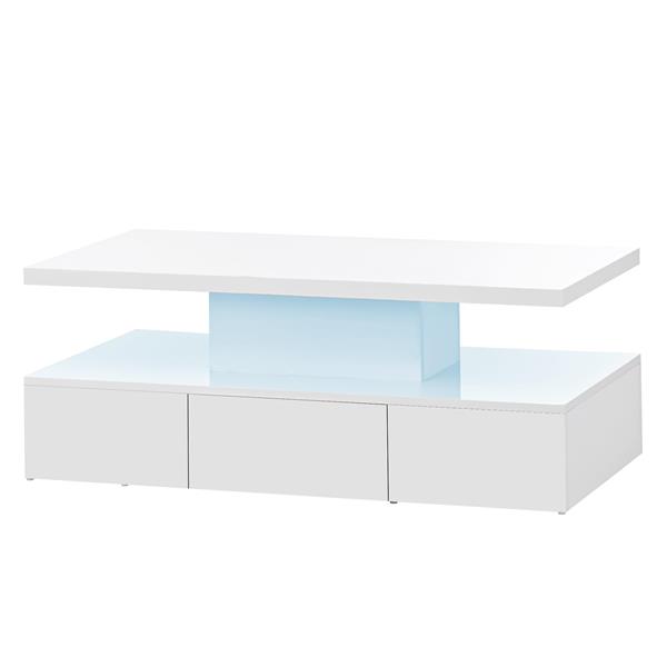 Modern Glossy Coffee Table With Drawer, 2-Tier Rectangle Center Table with LED lighting for Living room, 39.3''x19.6''x15.3'', White