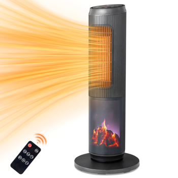 ZOKOP 25\\" Tower Space Heater with 3D Flame, 1500W Portable Electric Heater with Thermostat, 60° Oscillation, Timer, Remote Control, for Indoor Bedroom Office Home, Black