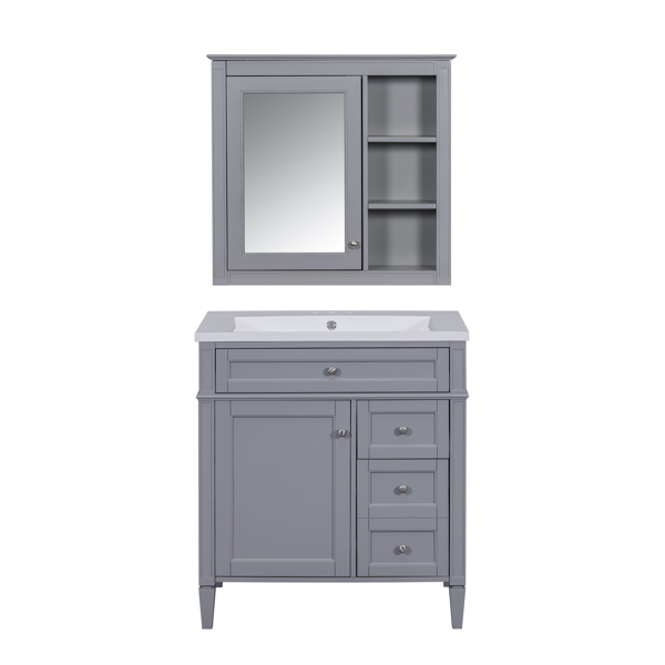 30'' Bathroom Vanity with Top Sink, Modern Bathroom Storage Cabinet with 2 Drawers and a Tip-out Drawer, Freestanding Vanity Set with Mirror Cabinet, Single Sink Bathroom Vanity 