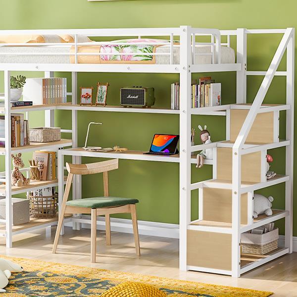 Twin Size Metal Loft bed with Staircase, Built-in Desk and Storage Shelves, White