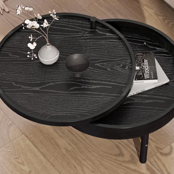 Modern Round Wood Rotating Tray Coffee Table with Storage & Metal Legs in Black