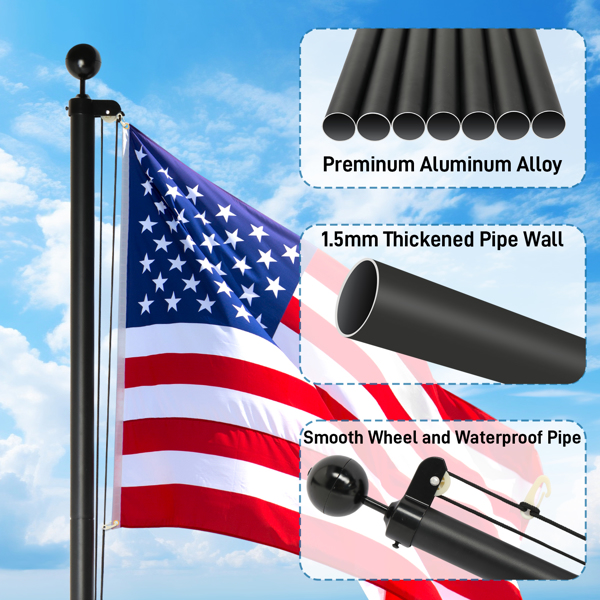 Flag Pole Kit for Outside House in Ground, 20FT Sectional Aluminum Extra Thick Flagpole, 5x3 US Flag, Heavy Duty Black Flag Poles Kit for Yard