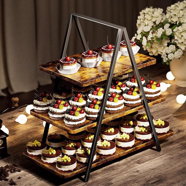 Paper cupcake rack, wooden 3-layer dessert rack, dessert table display set, can accommodate 50 paper cupcakes, suitable for family gatherings, size 17.5 X 8.74 X 15.75 inches (3-layer retro color)