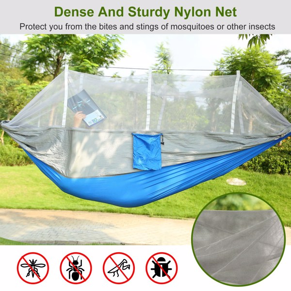 Camping Hammock, Portable Double Hammock with Net,600lbs Load 2 Persons Hammock w/Mosquito Net Outdoor Hiking Camping Hommock Portable Nylon Swing Hanging Bed w/ Strap Hook Carry Bag