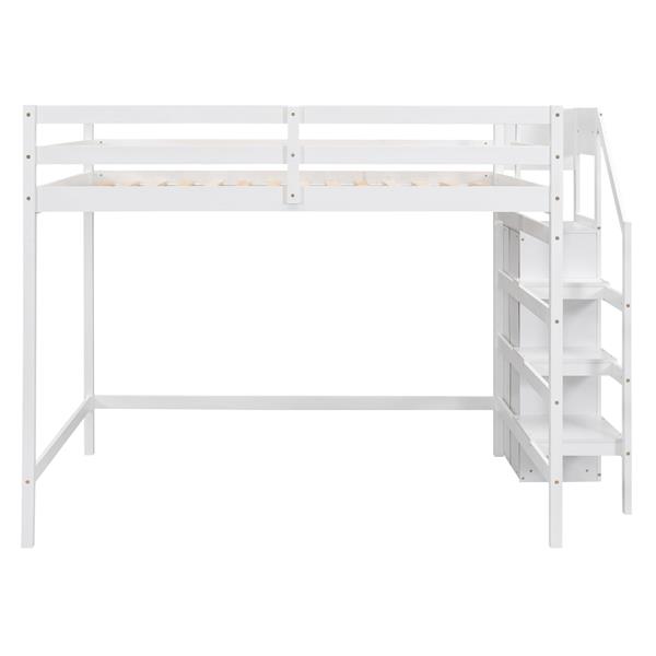 Full Size Loft Bed with Built-in Storage Wardrobe and Staircase, White