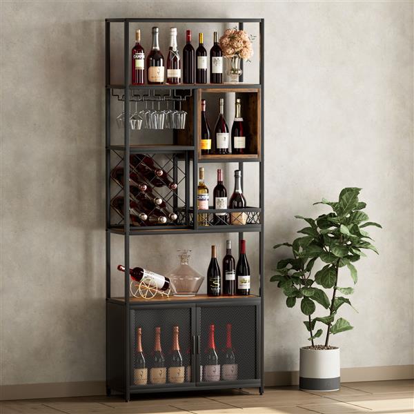 82.7" Industrial Tall Black Bar Wine Rack Cabinet with Glass Holder Wood Home Bar Cabinet